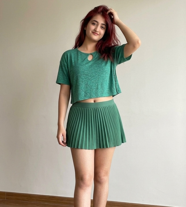 beautiful girl in green top and skirt with glowing skin